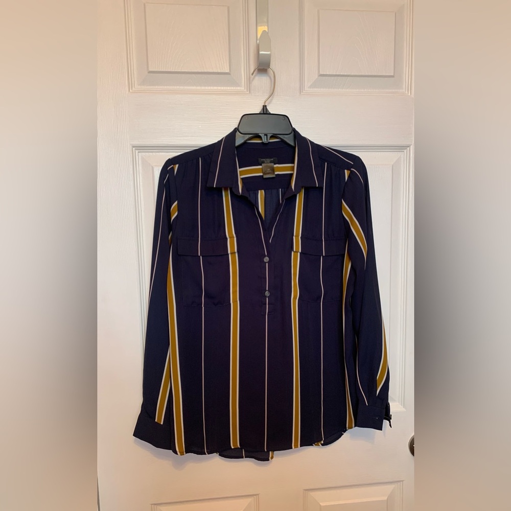 Ann Taylor Navy Stripe Button-Front Blouse with Mustard Accents